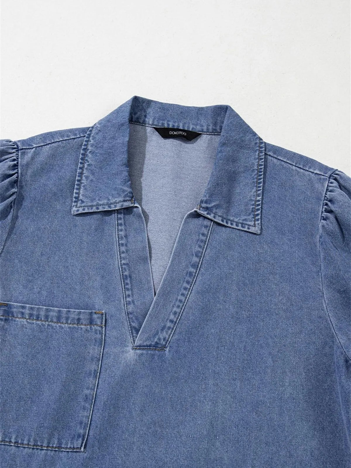 Solid Casual Fall Denim 3/4 Puff Sleeve Ruffles Lapel A-line Dress