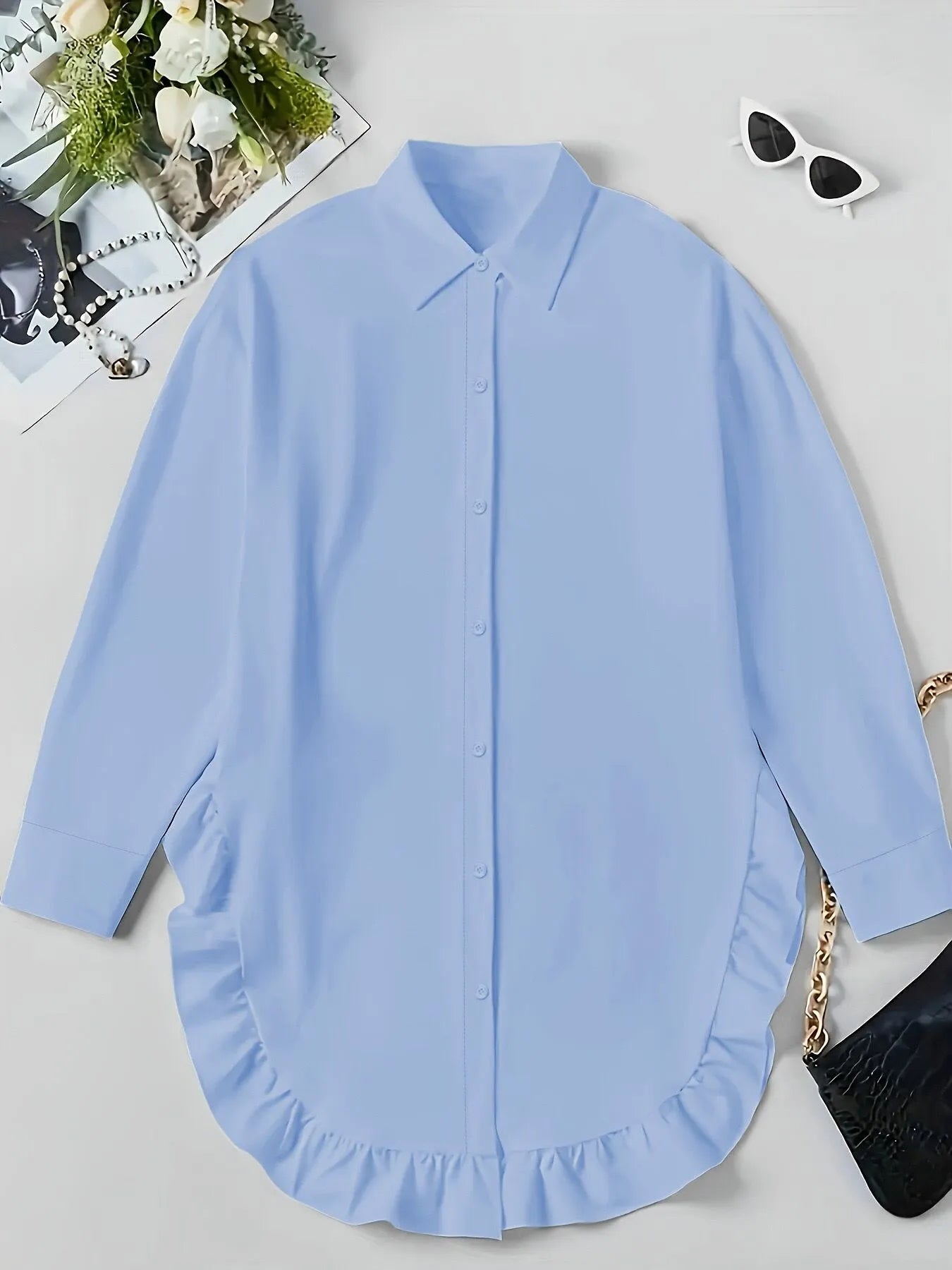 Solid Ruffles Lapel Asymmetrical Blouse