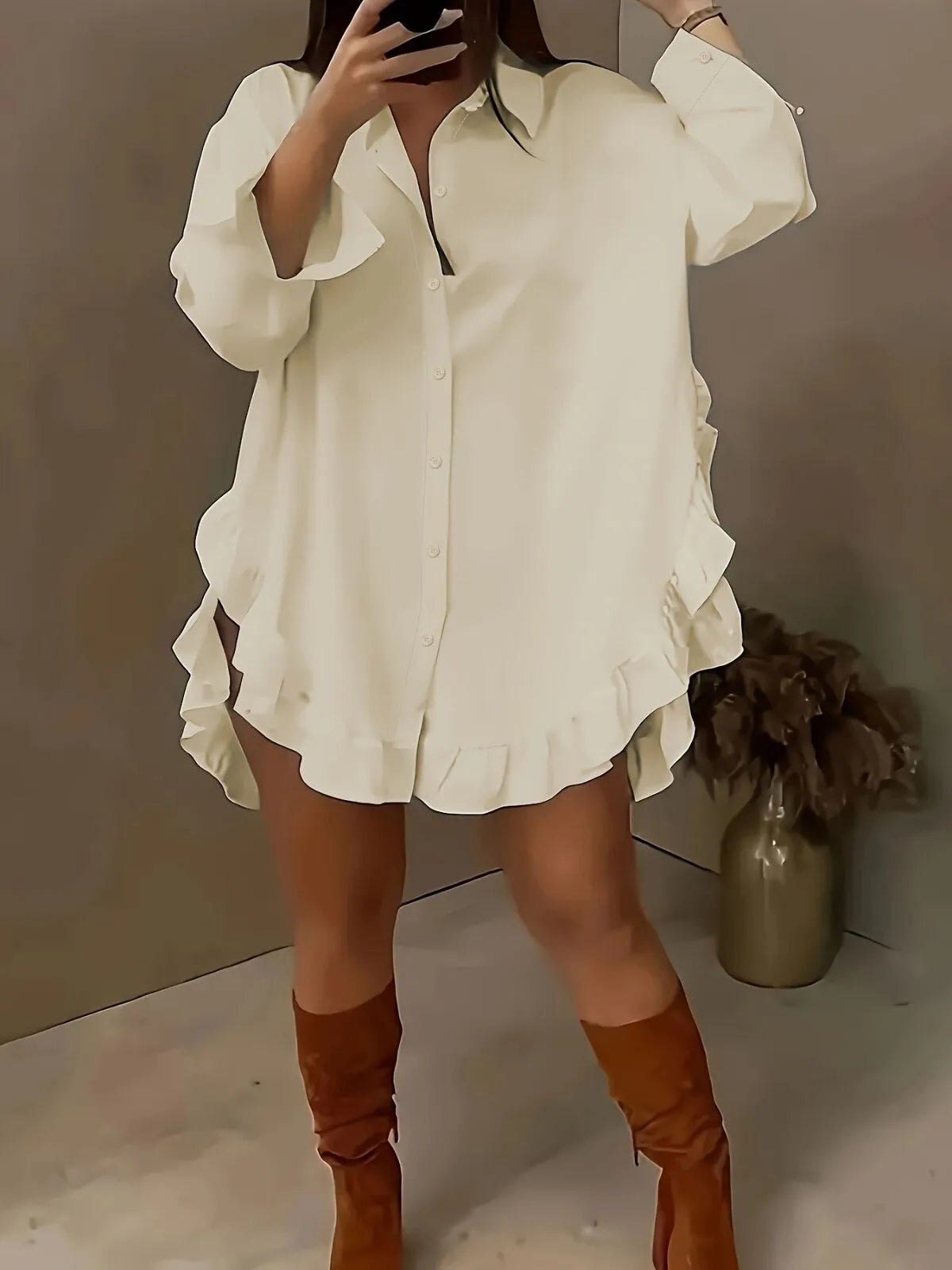 Solid Ruffles Lapel Asymmetrical Blouse