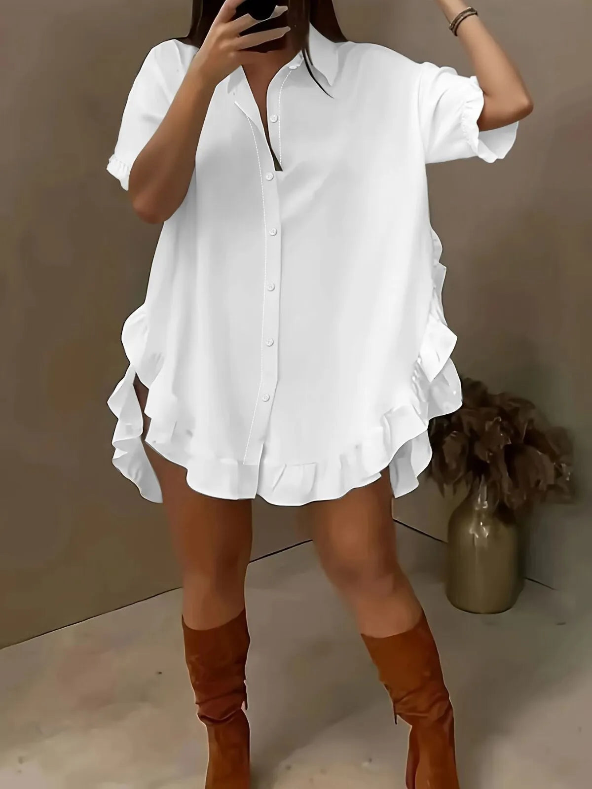 Solid Ruffles Lapel Asymmetrical Blouse