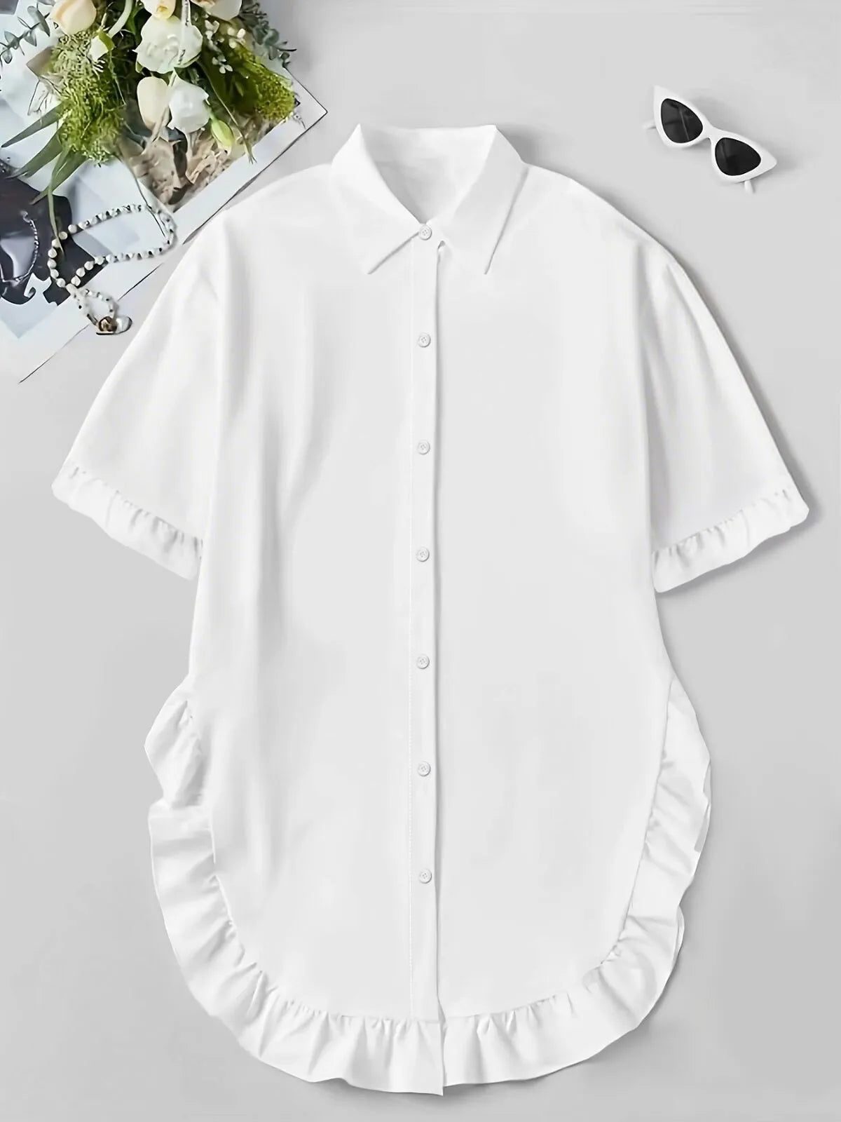 Solid Ruffles Lapel Asymmetrical Blouse