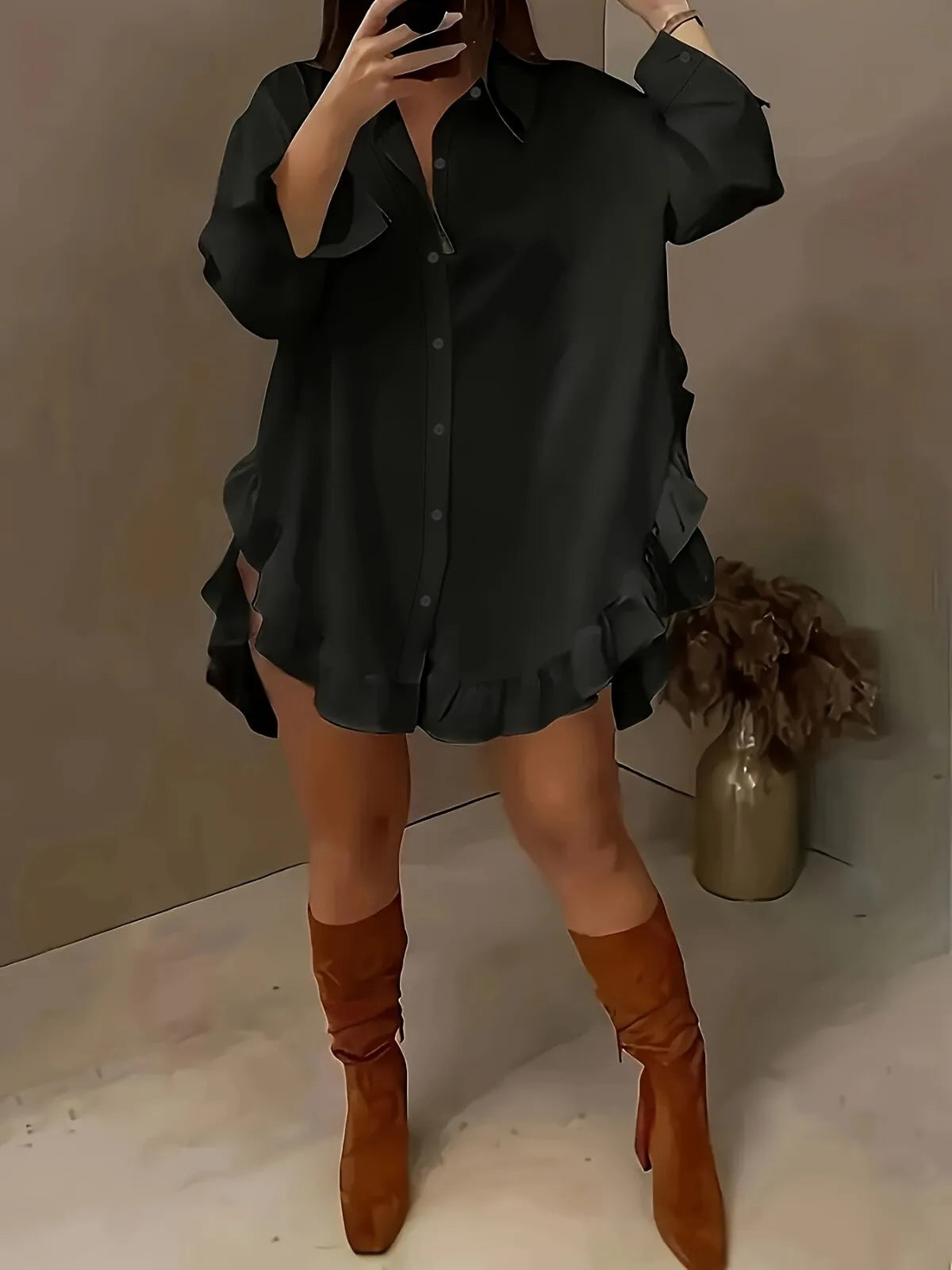 Solid Ruffles Lapel Asymmetrical Blouse