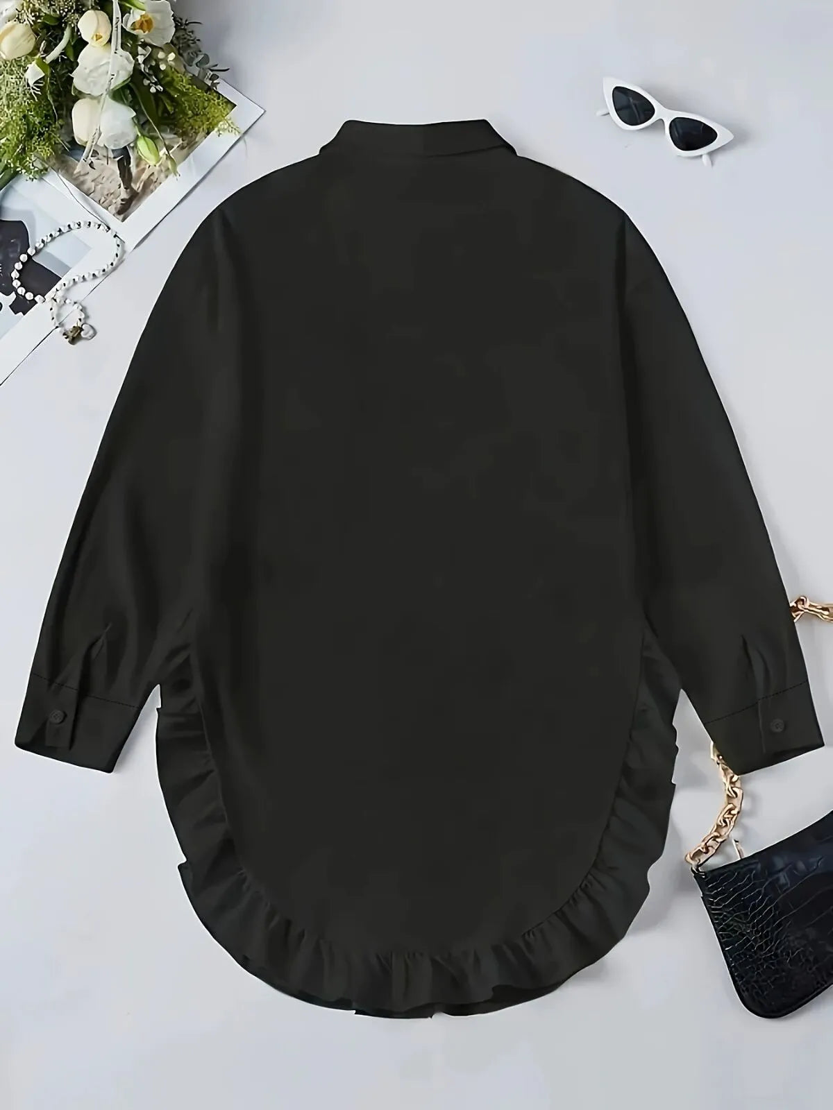 Solid Ruffles Lapel Asymmetrical Blouse