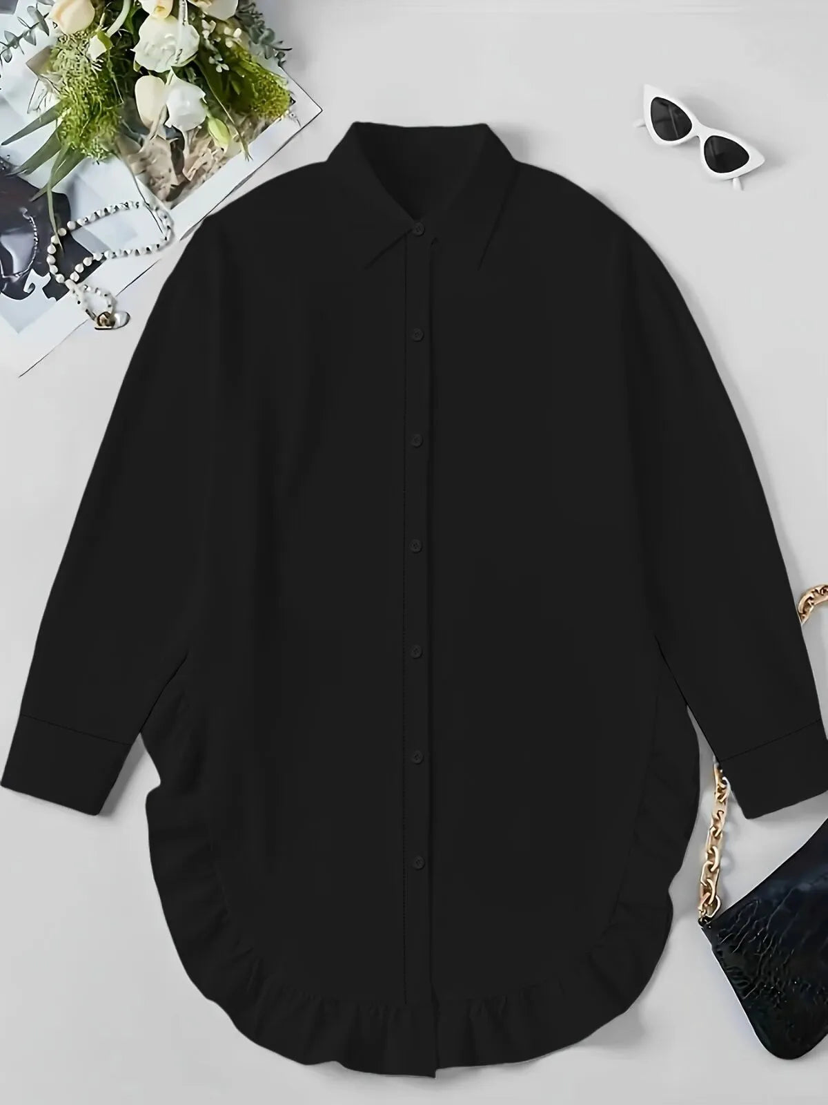 Solid Ruffles Lapel Asymmetrical Blouse