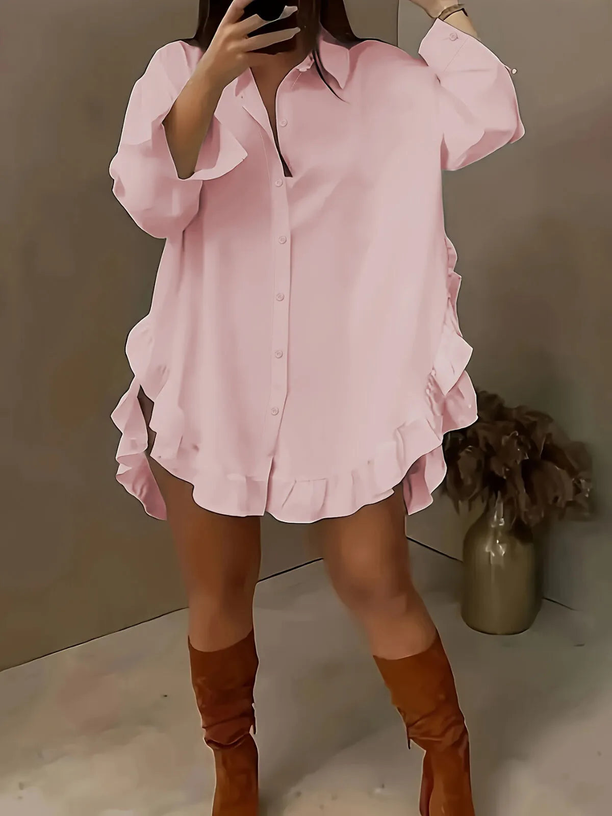 Solid Ruffles Lapel Asymmetrical Blouse