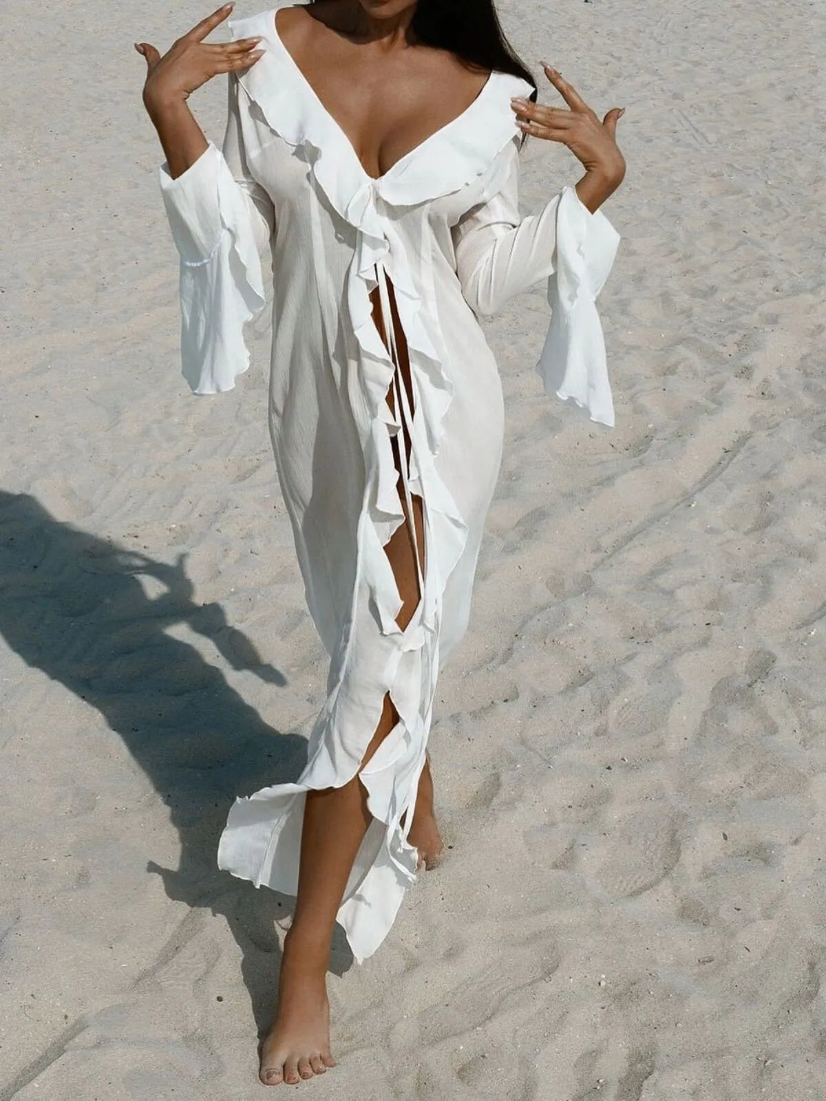 Solid Ruffles Medium Rise V-neck Cover-up 