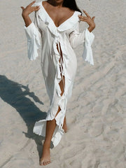 Solid Ruffles Medium Rise V-neck Cover-up 
