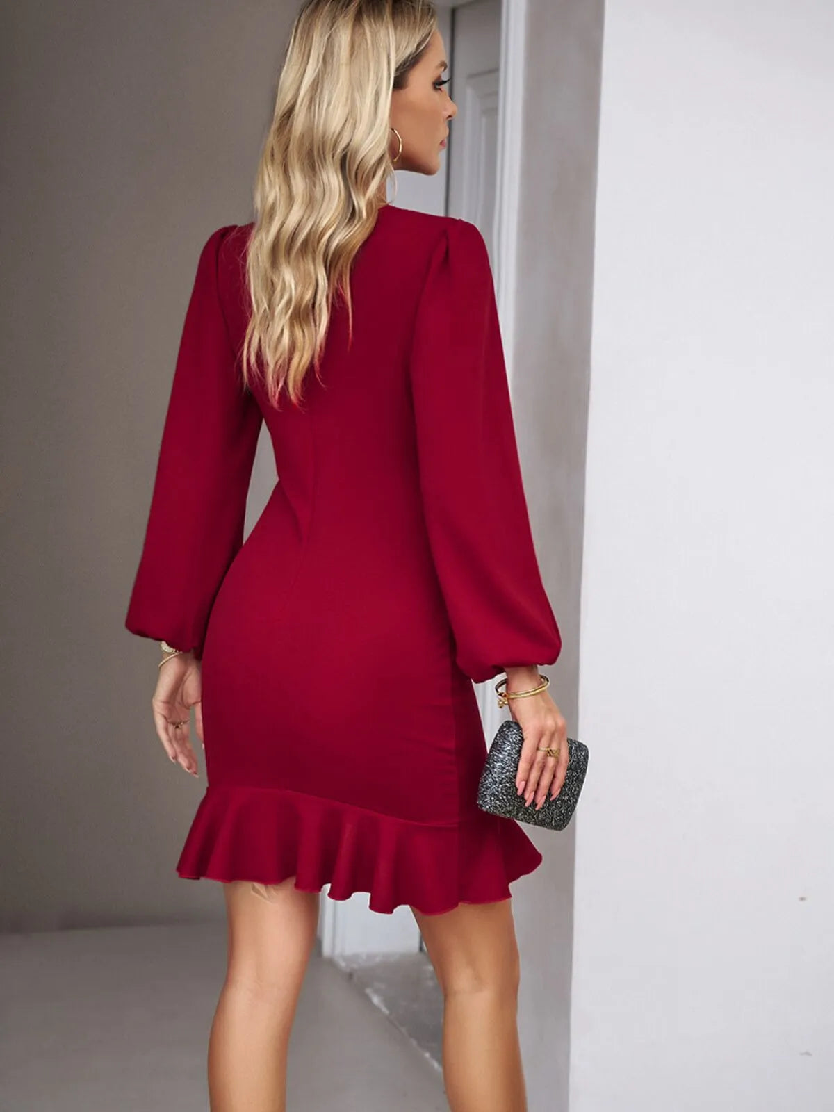 Solid Chic Elegant Ruched Ruffle Trim Zipper Long Sleeves Bodycon Dress