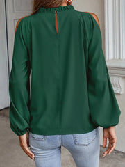 Solid Ruffles Round Neck Puff Hollowed Out Shoulder Blouse