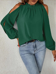 Solid Ruffles Round Neck Puff Hollowed Out Shoulder Blouse