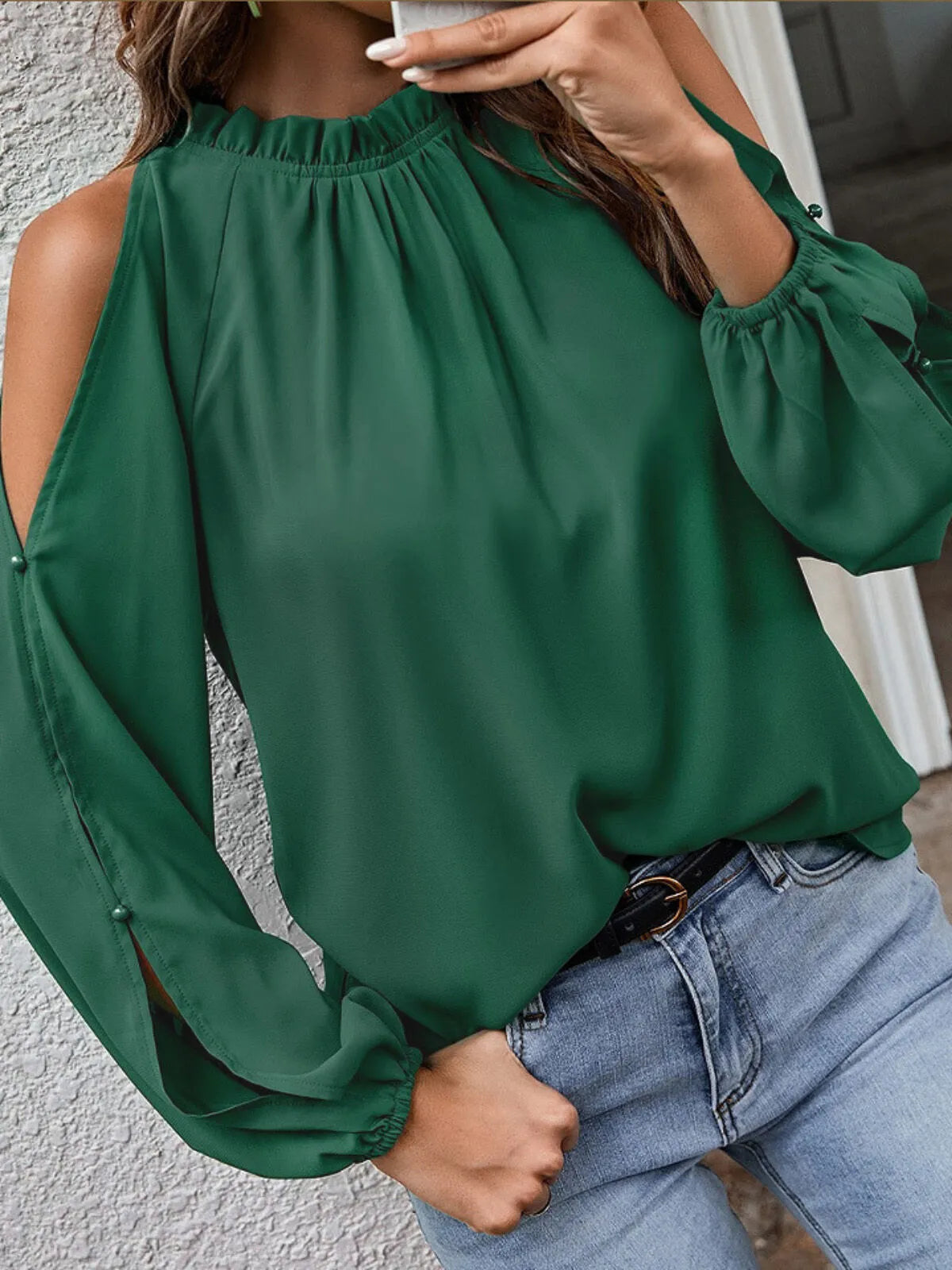 Solid Ruffles Round Neck Puff Hollowed Out Shoulder Blouse