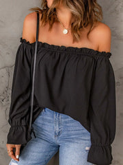 Solid Ruffles Slashed Flounce Sleeve Elegant Off-Shoulder Blouse