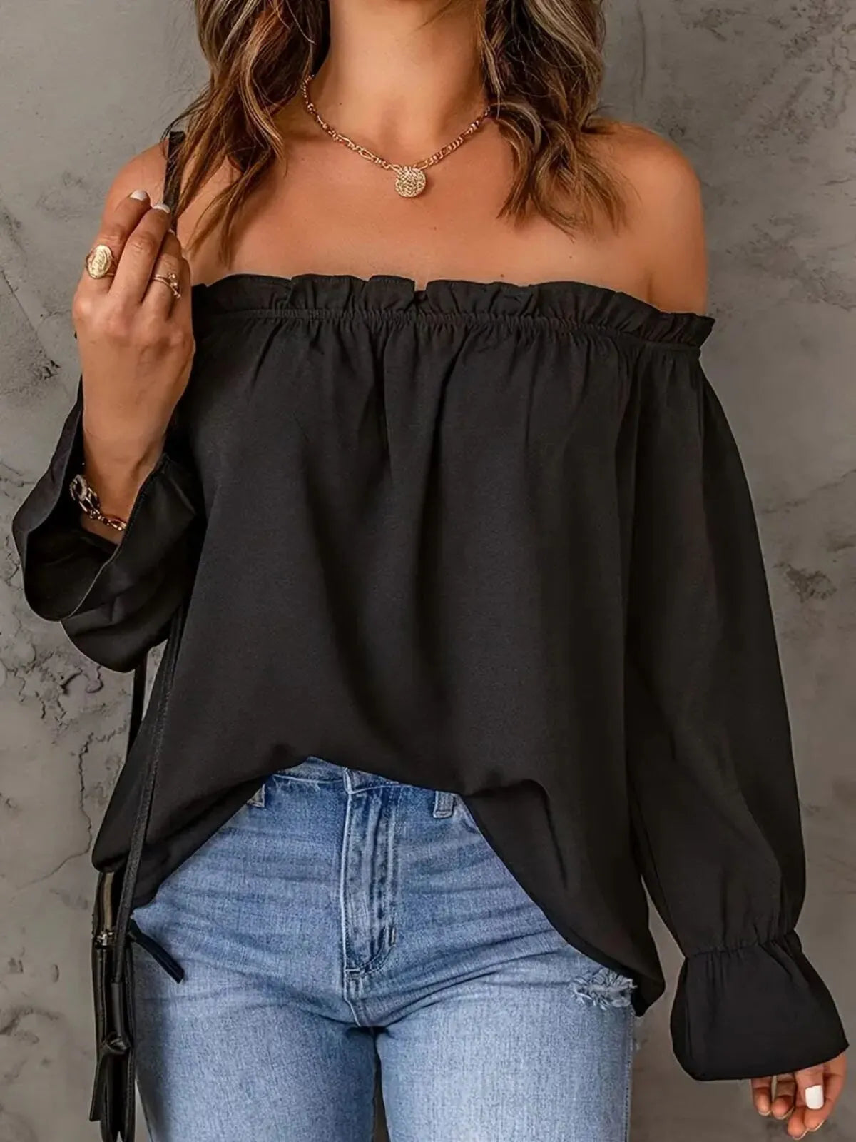 Solid Ruffles Slashed Flounce Sleeve Elegant Off-Shoulder Blouse