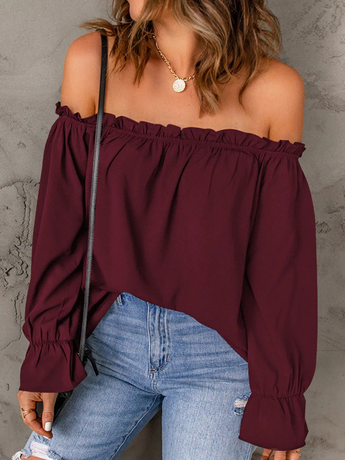 Solid Ruffles Slashed Flounce Sleeve Elegant Off-Shoulder Blouse