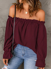 Solid Ruffles Slashed Flounce Sleeve Elegant Off-Shoulder Blouse