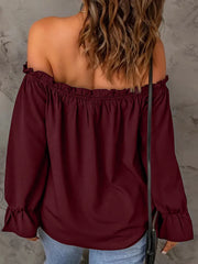 Solid Ruffles Slashed Flounce Sleeve Elegant Off-Shoulder Blouse
