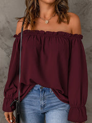 Solid Ruffles Slashed Flounce Sleeve Elegant Off-Shoulder Blouse