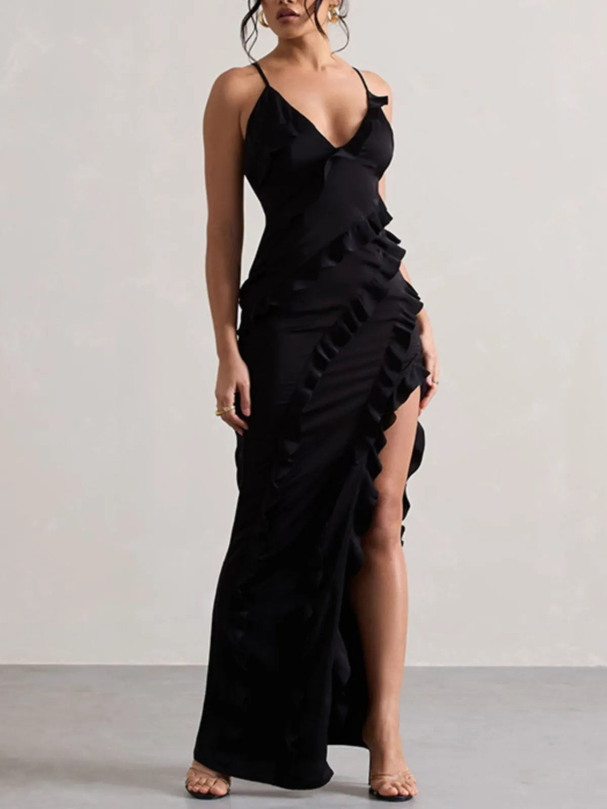 Solid Ruffles Spaghetti Strap Fitted Dress