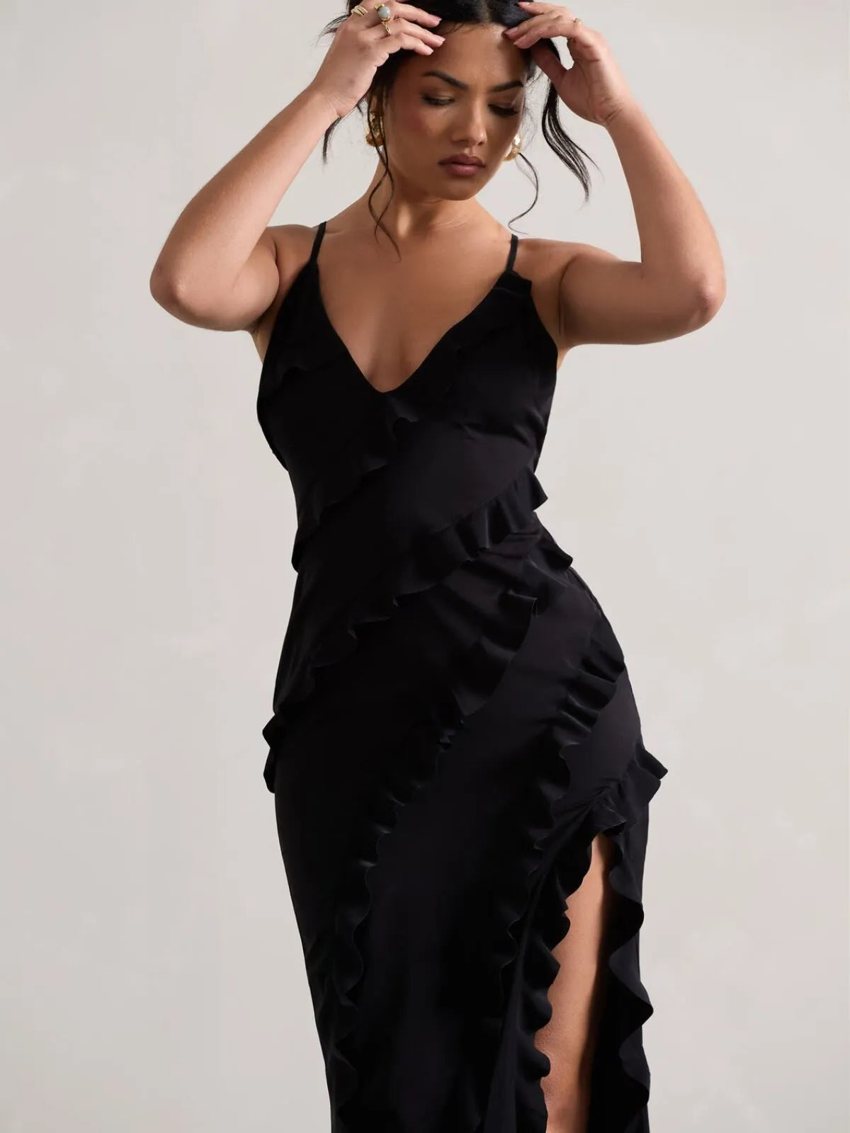 Solid Ruffles Spaghetti Strap Fitted Dress