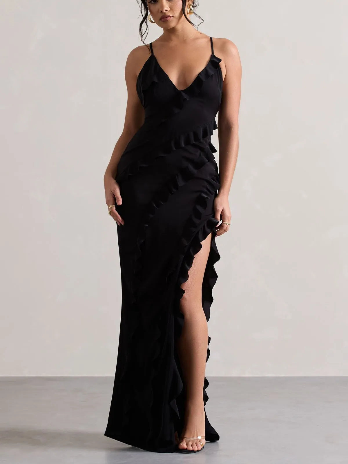 Solid Ruffles Spaghetti Strap Fitted Dress