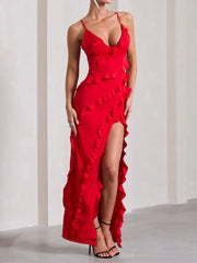 Solid Ruffles Spaghetti Strap Fitted Dress