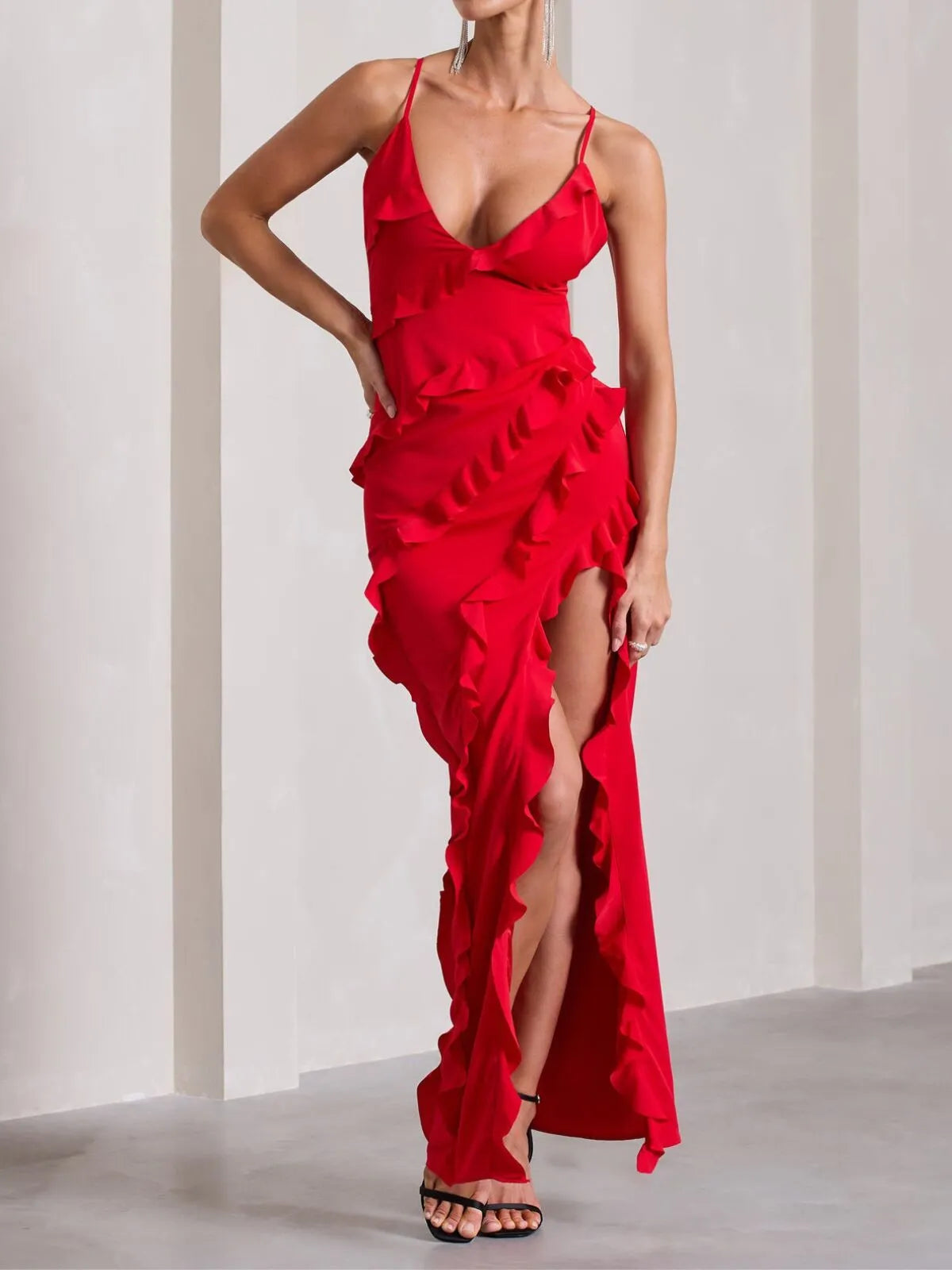 Solid Ruffles Spaghetti Strap Fitted Dress