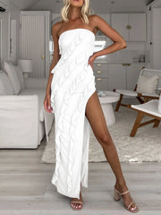 Solid Ruffles Strapless Slit A-line Dress for Party Evening