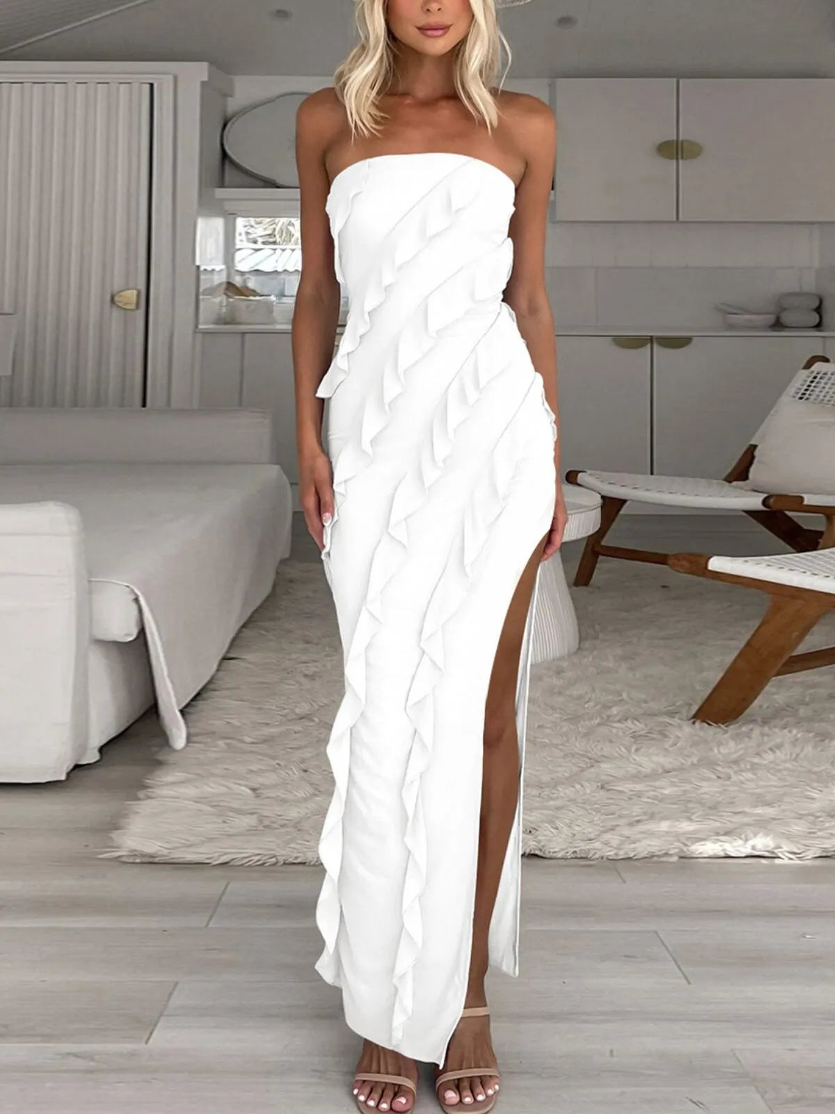 Solid Ruffles Strapless Slit A-line Dress for Party Evening