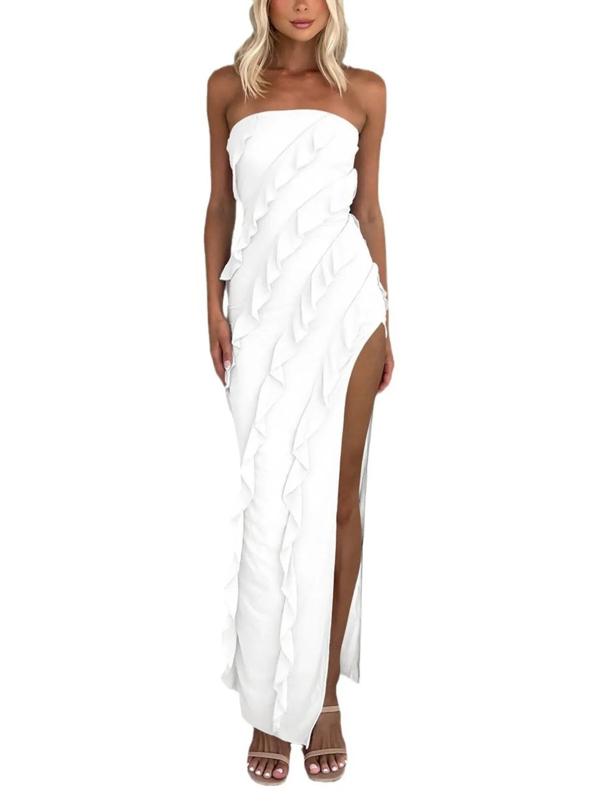 Solid Ruffles Strapless Slit A-line Dress for Party Evening