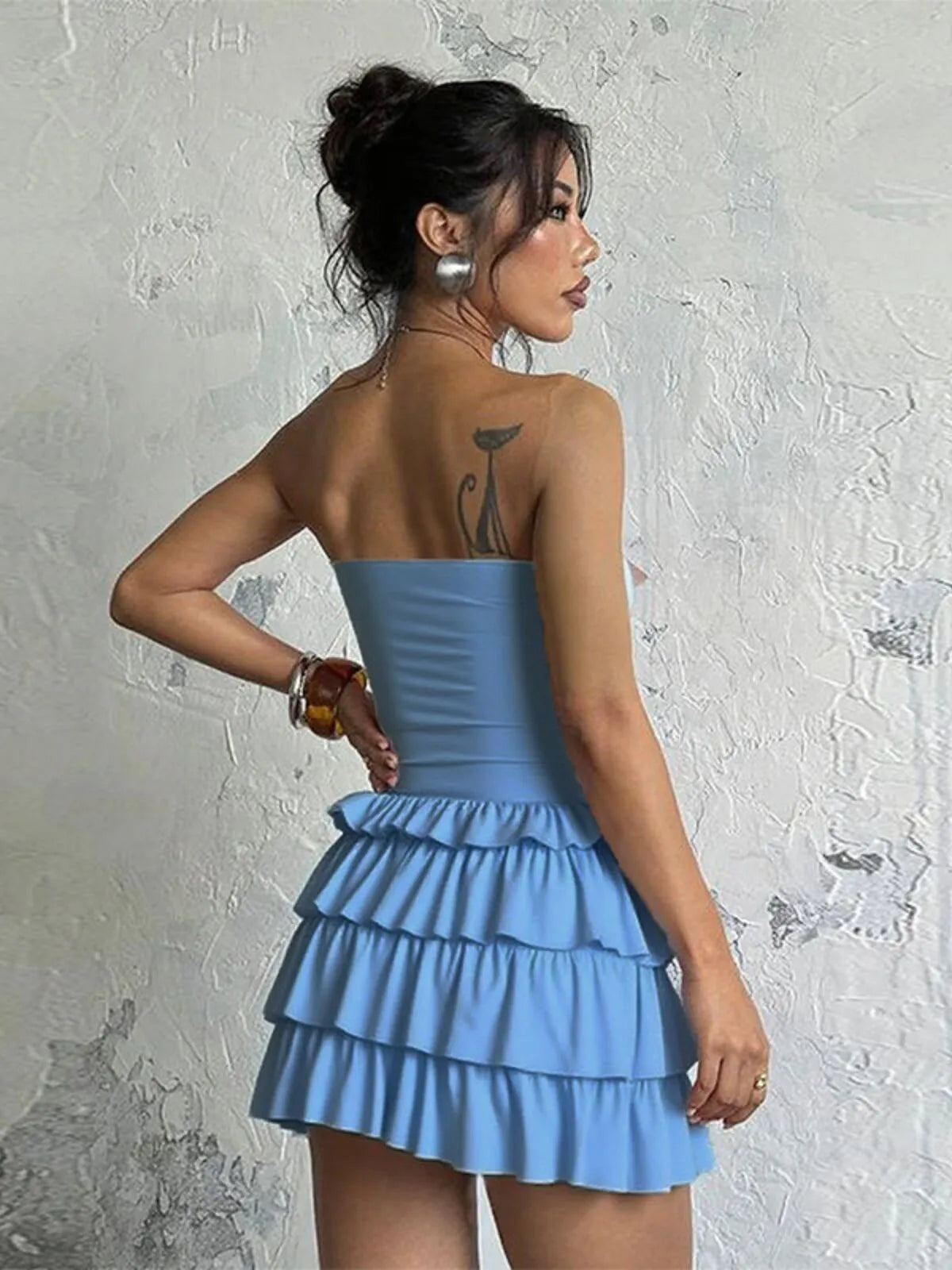 Solid Sexy Party Club Layer Trim Ruffles Strapless A Line Tiered Dress