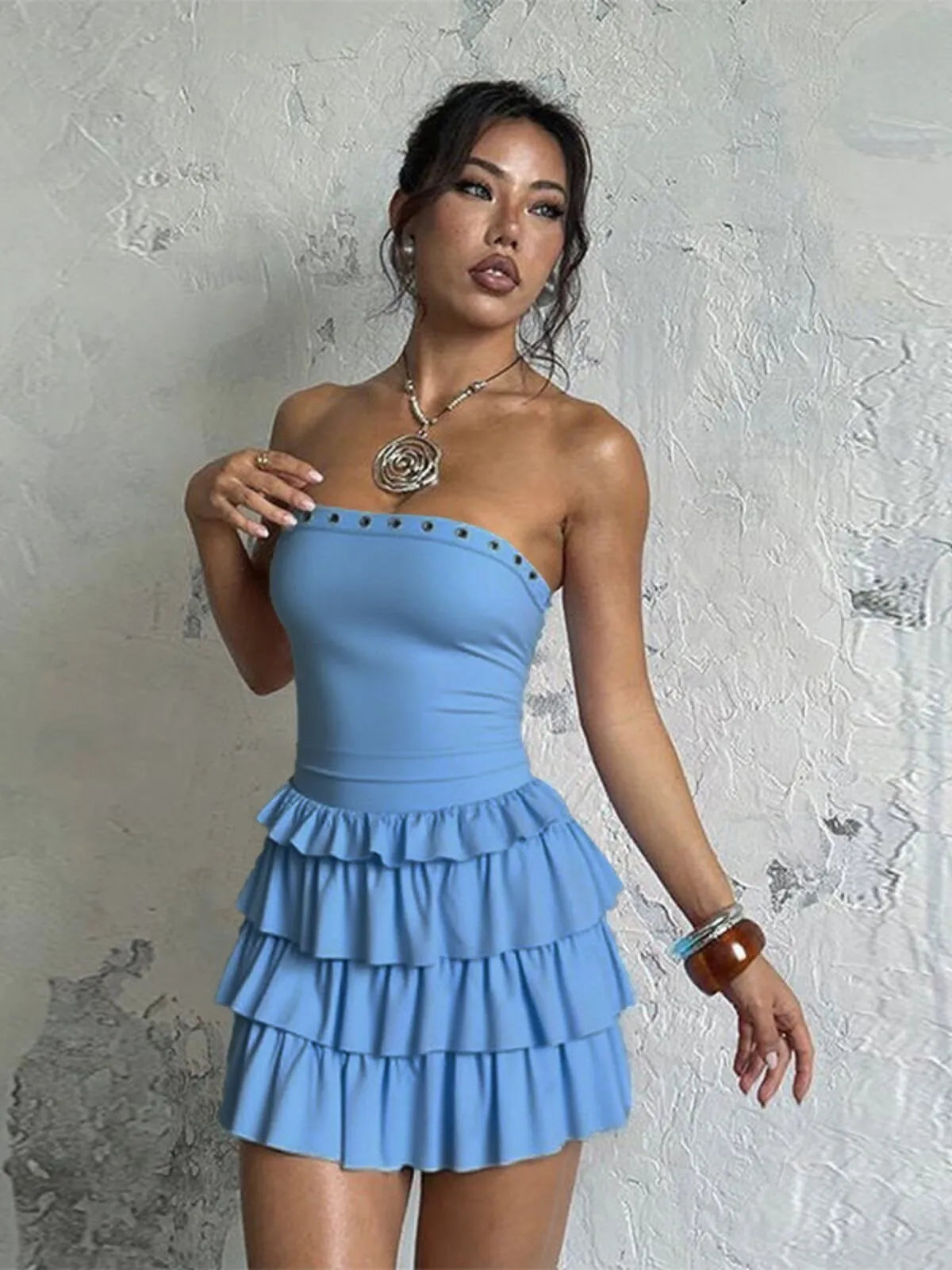 Solid Sexy Party Club Layer Trim Ruffles Strapless A Line Tiered Dress