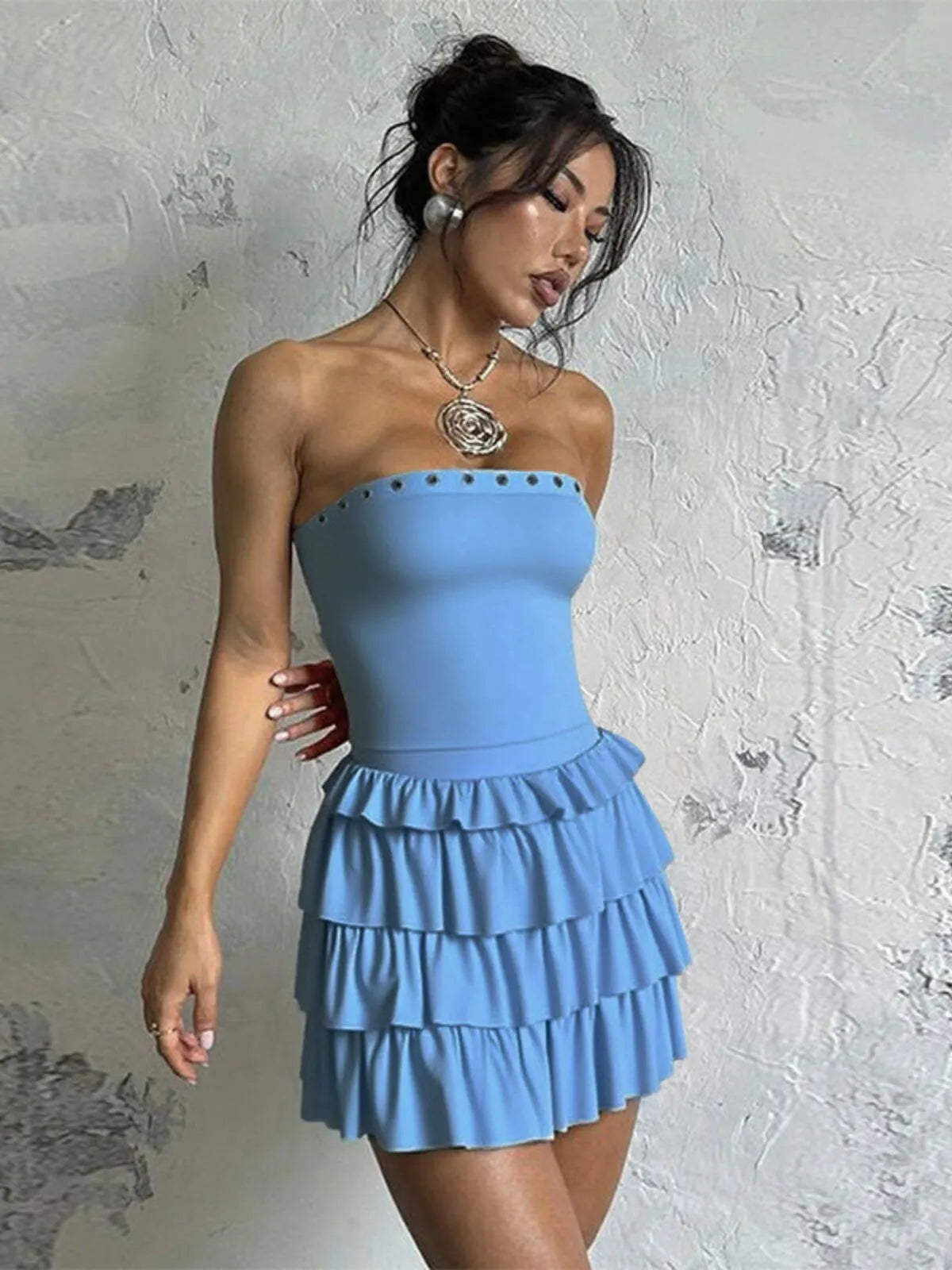 Solid Sexy Party Club Layer Trim Ruffles Strapless A Line Tiered Dress