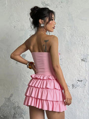 Solid Sexy Party Club Layer Trim Ruffles Strapless A Line Tiered Dress