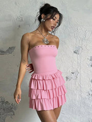 Solid Sexy Party Club Layer Trim Ruffles Strapless A Line Tiered Dress