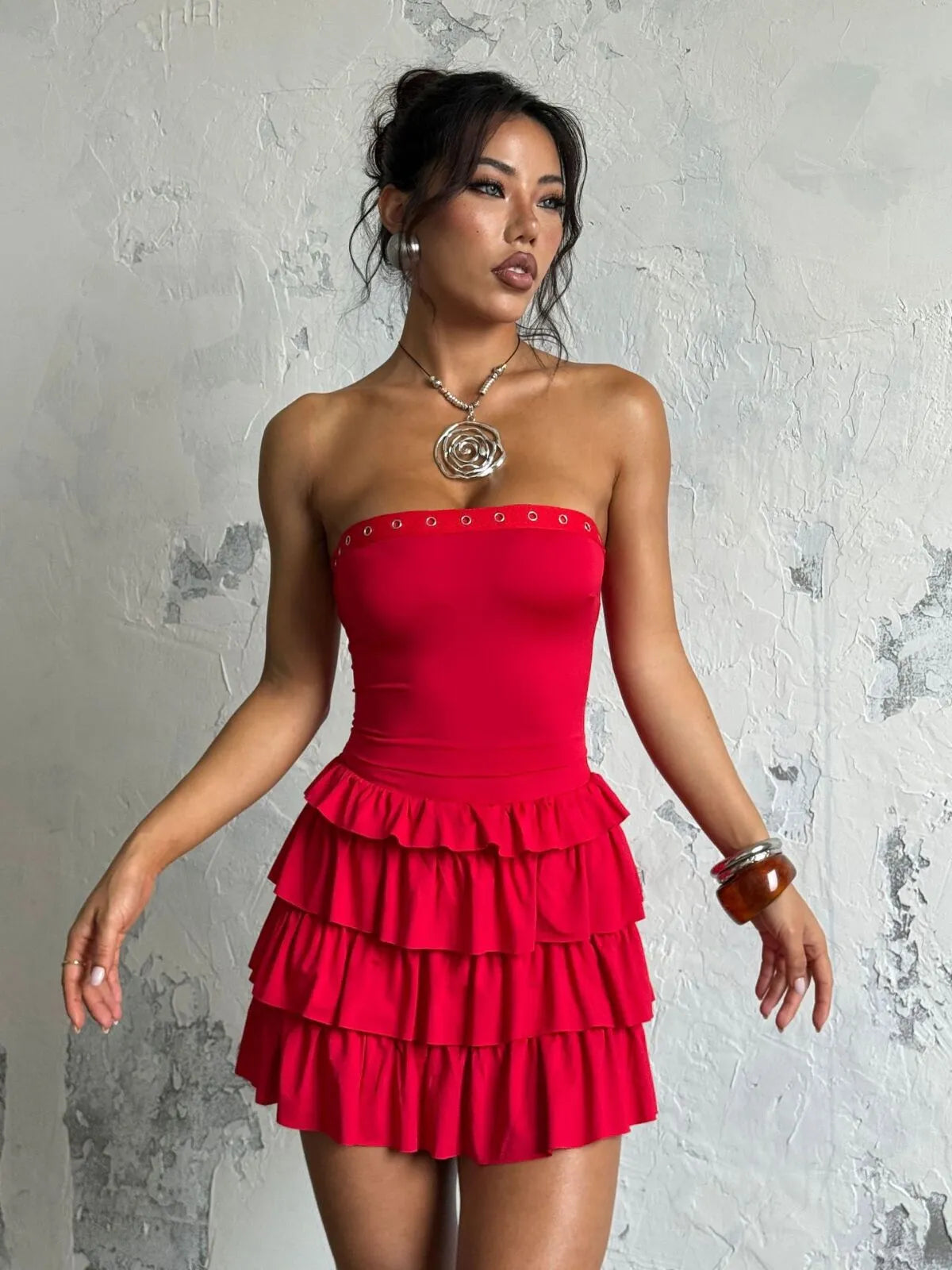 Solid Sexy Party Club Layer Trim Ruffles Strapless A Line Tiered Dress