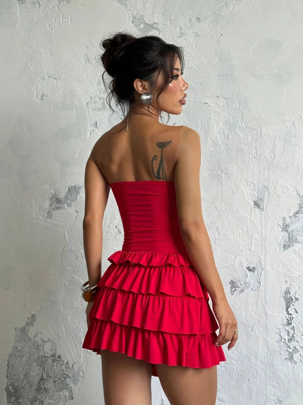 Solid Sexy Party Club Layer Trim Ruffles Strapless A Line Tiered Dress