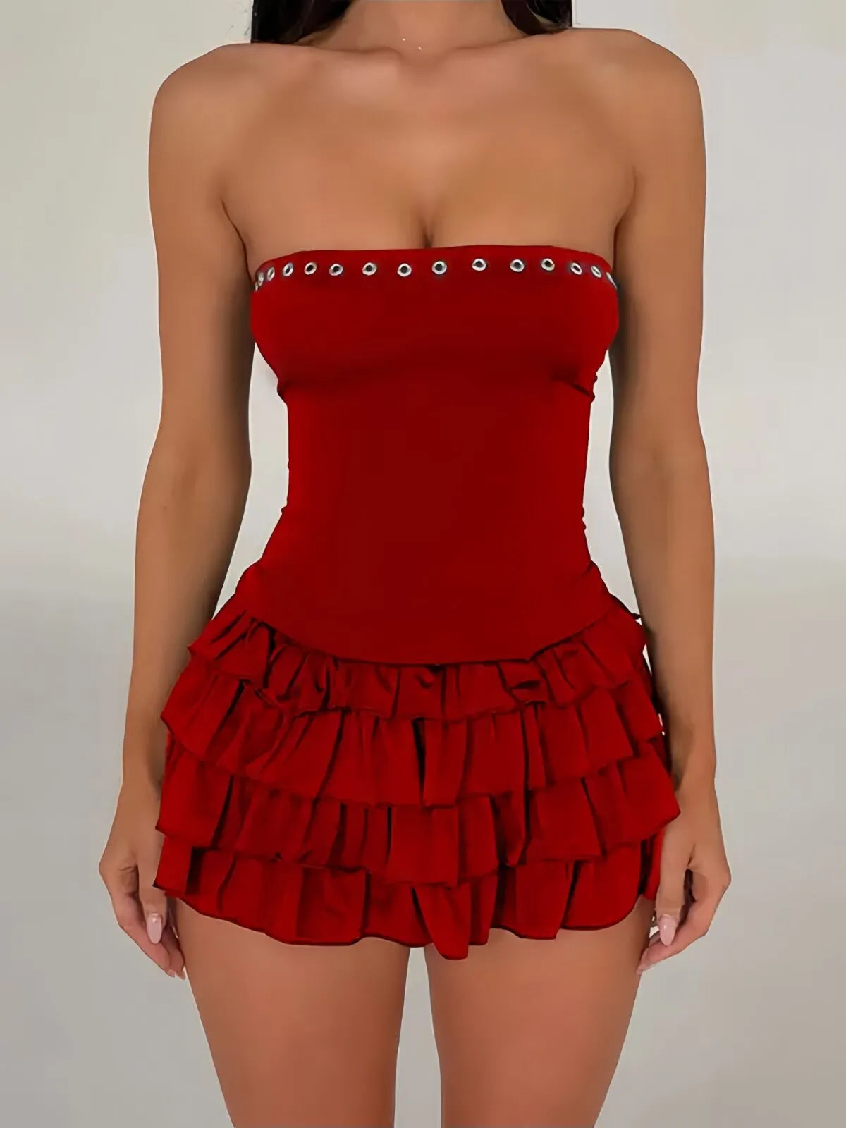 Solid Sexy Party Club Layer Trim Ruffles Strapless A Line Tiered Dress