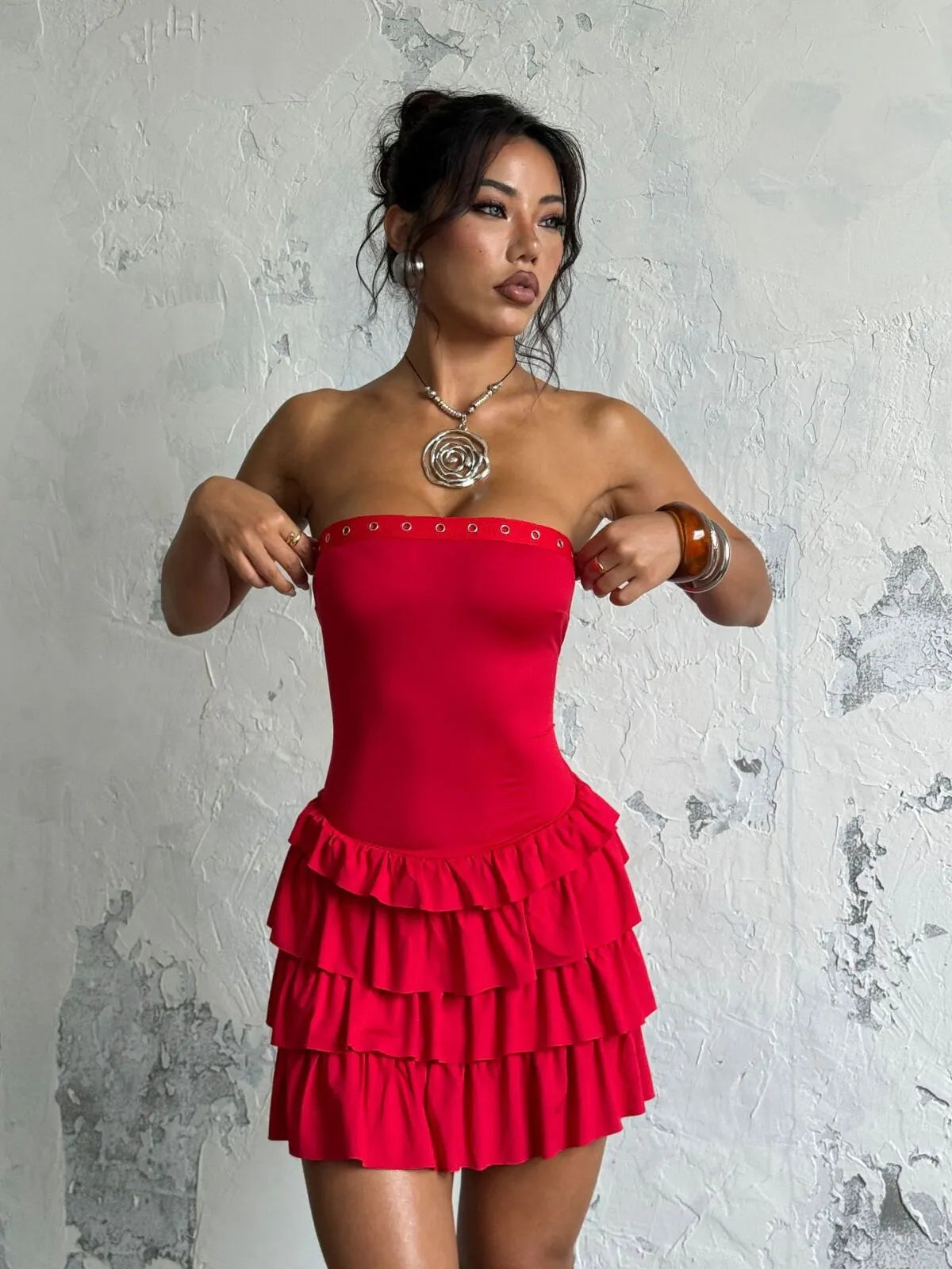 Solid Sexy Party Club Layer Trim Ruffles Strapless A Line Tiered Dress