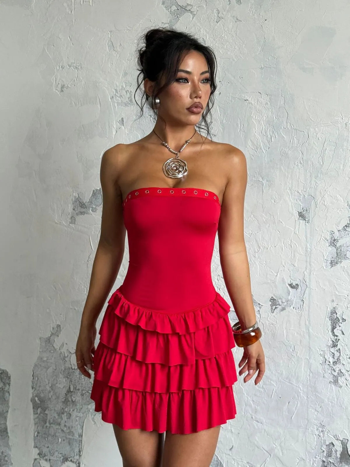 Solid Sexy Party Club Layer Trim Ruffles Strapless A Line Tiered Dress