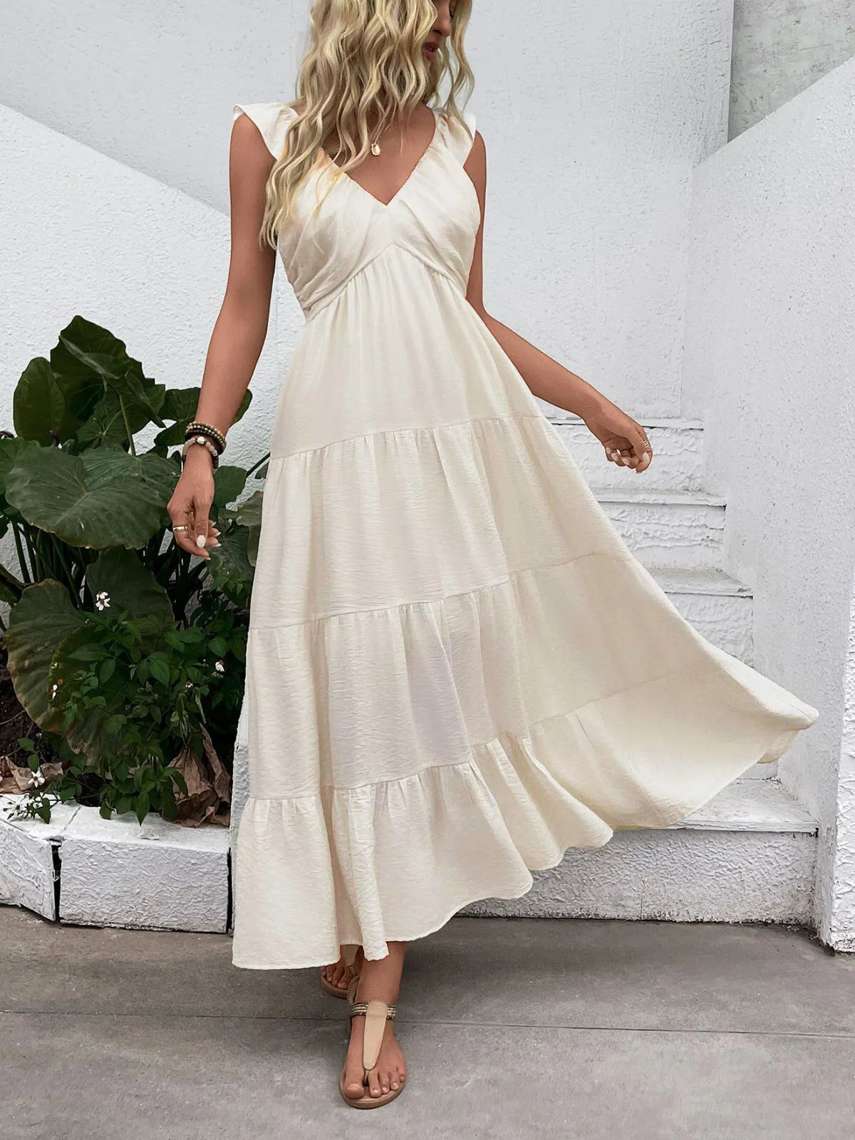 Solid Vacation Ruffles V-neck Fit And Flare Dress