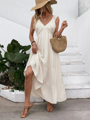 Solid Vacation Ruffles V-neck Fit And Flare Dress