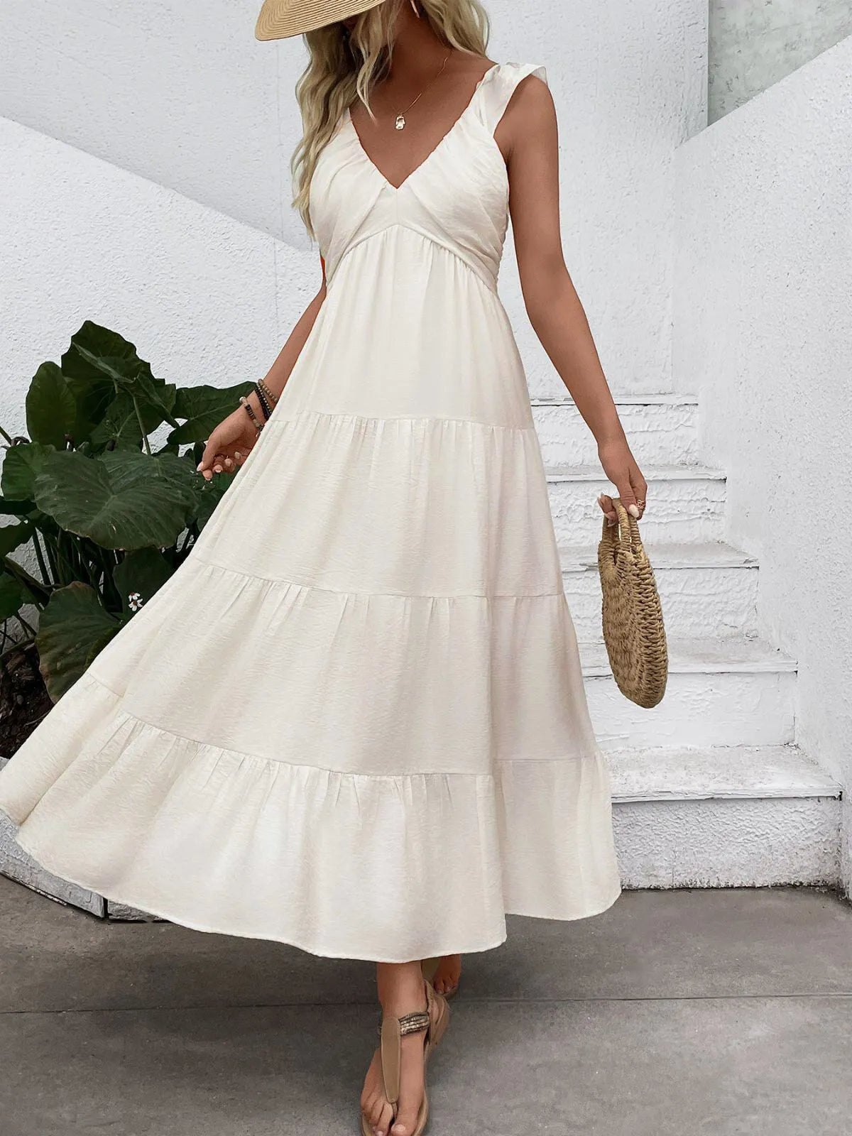 Solid Vacation Ruffles V-neck Fit And Flare Dress