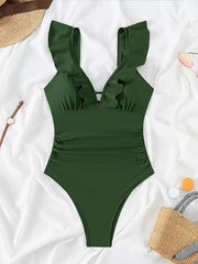 Solid Ruffles V-neck One-piece