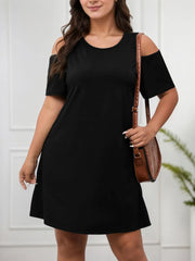 Plus Size Solid Round Neck Cold Shoulder Short Sleeve A-line Dress