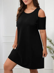 Plus Size Solid Round Neck Cold Shoulder Short Sleeve A-line Dress