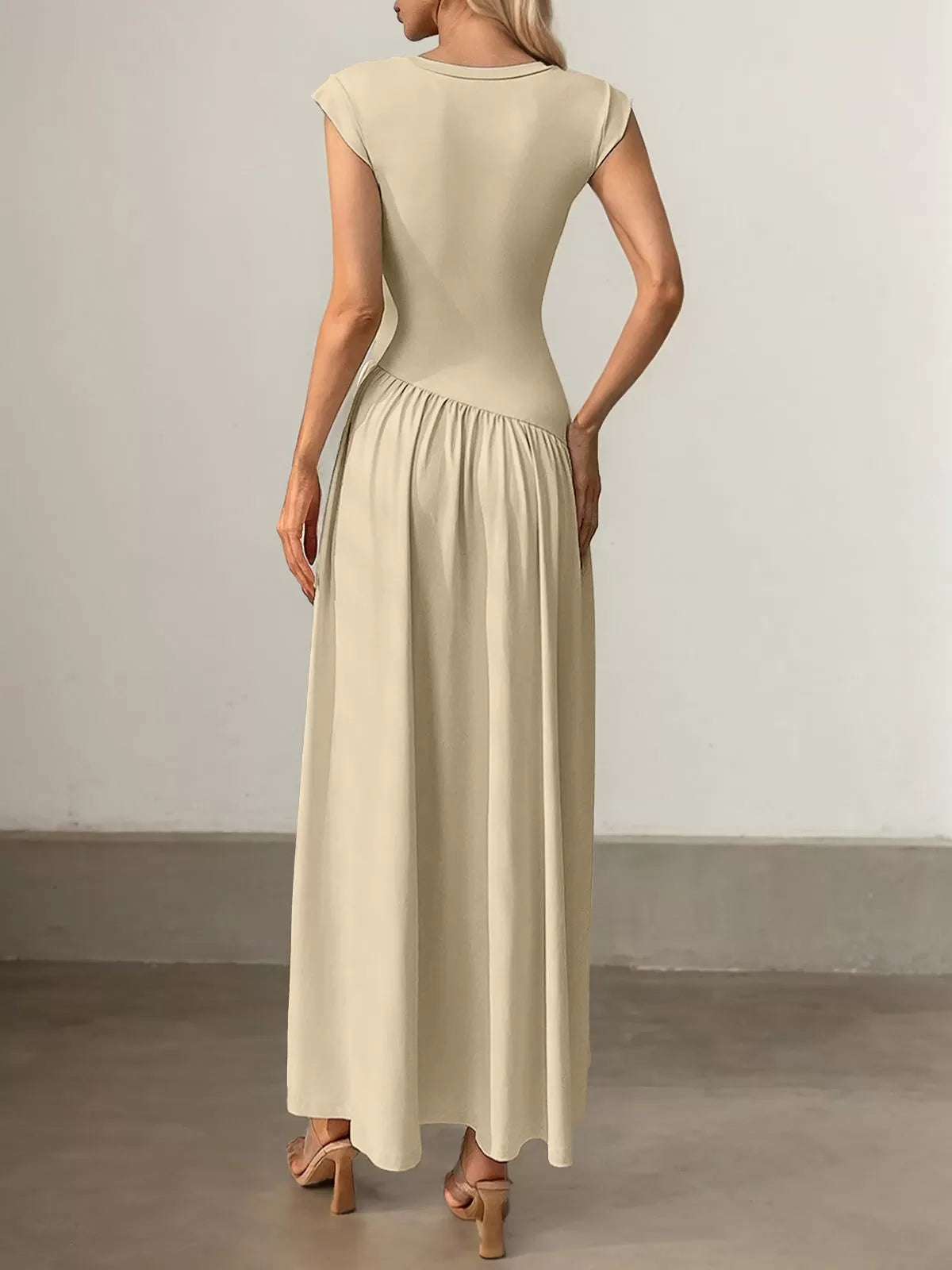 Solid Scoop Neck Cap Sleeve Pleating Long Fit and Flare Dress