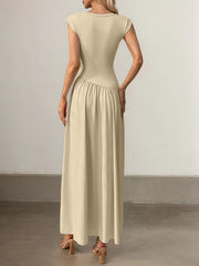 Solid Scoop Neck Cap Sleeve Pleating Long Fit and Flare Dress