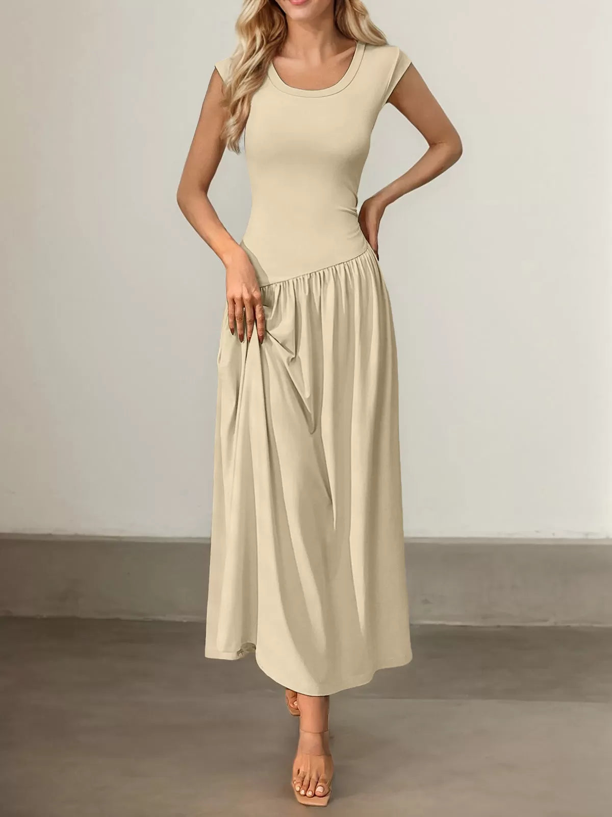 Solid Scoop Neck Cap Sleeve Pleating Long Fit and Flare Dress