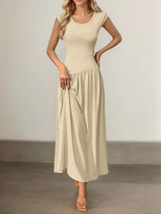Solid Scoop Neck Cap Sleeve Pleating Long Fit and Flare Dress