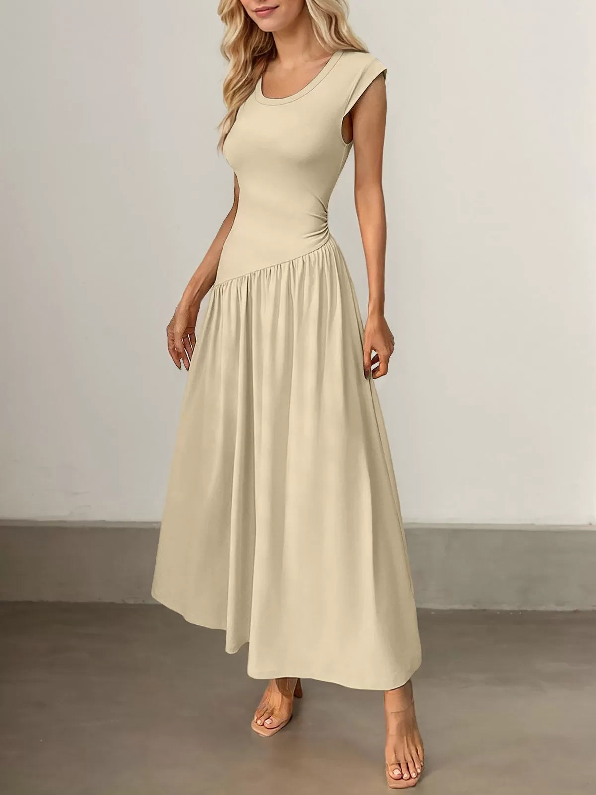Solid Scoop Neck Cap Sleeve Pleating Long Fit and Flare Dress